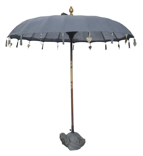 Product image of the product “Bali umbrella , dark grey 2 with wooden coins and gold leaves hanging around the edge. Approx. 230cm dia. and 250cm height ”